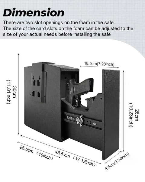 Dimensions of 0.1 Second Quick Access Pistol Safe With Auto Sliding Door Triple Access Biometric Fingerprint, Digital PIN, No Fuss Emergency Key Heavy Duty Nightstand Safe shown open with handgun inside.