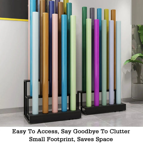 Killer Heavy Duty Storage Rack For Roll Materials With Adjustable Leveling Feet For Garage Workshops holding colorful rolls securely.