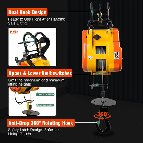1100 Lbs Electric Hoist Winch, 1500W Portable Power Crane With 98 Ft Lift Height, dual hook design with limit switches.