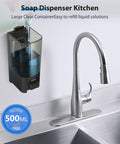 Heavy Duty Wall Mount Soap Dispenser 17 Oz Large Capacity Manual Pump For Kitchen And Bathroom No Fuss Refills Premium Abs Material Lotion Bottle Game Changer Slick Black with clear container on wall beside modern faucet.