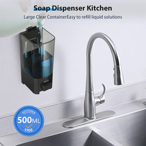 Heavy Duty Wall Mount Soap Dispenser 17 Oz Large Capacity Manual Pump For Kitchen And Bathroom No Fuss Refills Premium Abs Material Lotion Bottle Game Changer Slick Black with clear container on wall beside modern faucet.