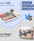 Clear Hard Shell Zipper Case Set, 4 Pack Grab-and-Go Storage Pouches for Diaper Bags, Travel Toiletry Bags, shown with makeup items inside.