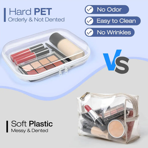 Clear Hard Shell Zipper Case Set, 4 Pack Grab-and-Go Storage Pouches for Diaper Bags, Travel Toiletry Bags, shown with makeup items inside.