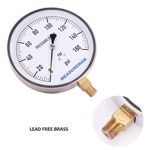 Big 4.5 Inch Dial Water Pressure Gauge With Lead Free Stainless Steel Case For Drinking Water, 0 To 160 Psi Range