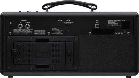 Back view of Powerful Wireless Desktop Amplifier For Guitar And Bass With Dual Five Inch Speakers showing input and output ports