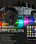 SUV illuminated by Lit Under Car LED Underglow Kit With App Control and Remote 16 Million RGB Colors, displaying 8 preset colors.