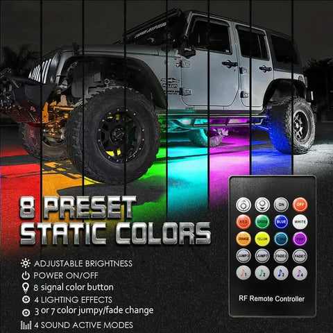 SUV illuminated by Lit Under Car LED Underglow Kit With App Control and Remote 16 Million RGB Colors, displaying 8 preset colors.