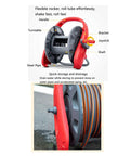 Slick Wall Mounted Garden Hose Reel Holder Featuring Expandable Metal Build And Zero Hassle Watering Cart For Outdoor Spraying Or Car Washing Smooth Rolling Design showing features like handle and storage.