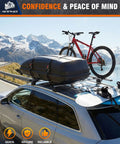 Heavy Duty Retractable Ratchet Straps 4 Pack One Inch By Ten Feet Black Cargo Tie Downs on car roof with bike and box.