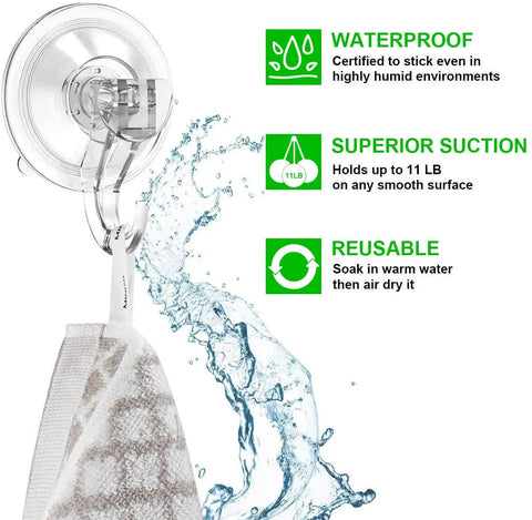 Heavy Duty Suction Cup Hooks Six Pack, Reusable Waterproof Hangers with towel, showing waterproof and reusable features