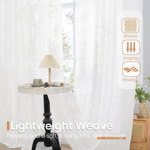 White Linen Semi Sheer Curtain Panels Cozy Two Pack 84 Inch Length Rod Pocket Light Filtering Drapes in living room setting.