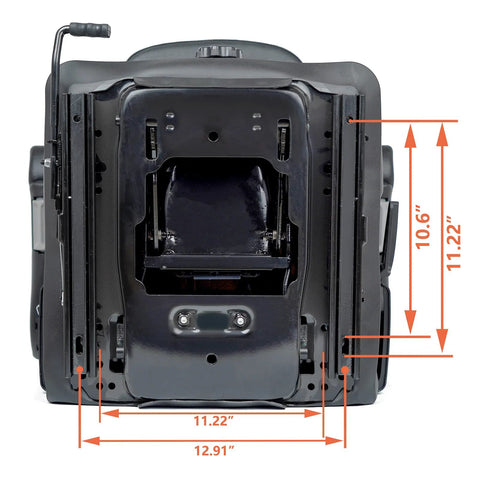 TICSEA tractor suspension seat underside view with fold-down rails, black metal frame.