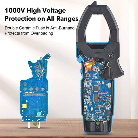 Internal view of Pro Grade Inrush Clamp Meter Multimeter 1000A True RMS 6000 Counts AC DC Current And Voltage Tester with components.