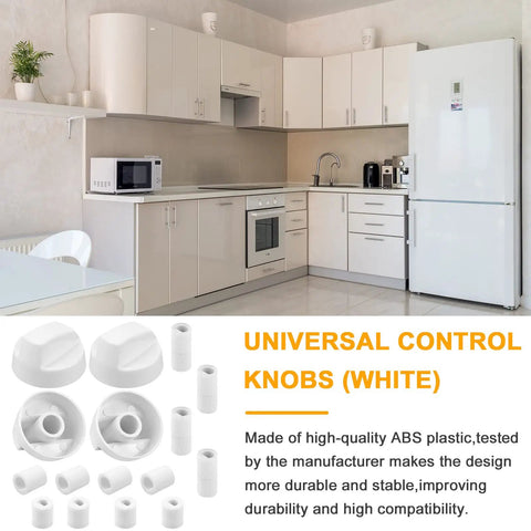 Rock Solid Universal White Oven Control Knobs 4 Pack With 12 Adapters Built Tough in modern kitchen setting.