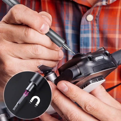 Using mini electric screwdriver set 120 in 1 portable cordless power kit on camera repair with precision bit