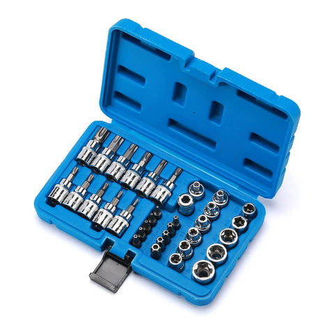 34 Piece Torx Bit Socket Set With E-Torx Sockets Three Eighths Inch Drive CR-V And S2 Steel T10 To T60 TT10-TT55 in blue case
