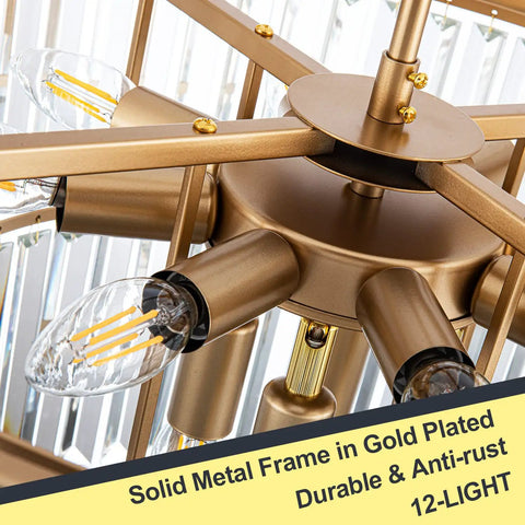 Close-up of gold plated frame with bulbs, 12 Light Gold Modern Crystal Chandelier Three Tier Pendant Lighting Fixture For Living Room