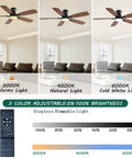 Low Profile 52 Inch Brown Ceiling Fan With Lights Remote And App Control DC Motor Quiet Flush Mount For Bedroom Indoor Outdoor Use Dimmable Lights 6 Speeds Timers showing color temperature options and dimmer levels