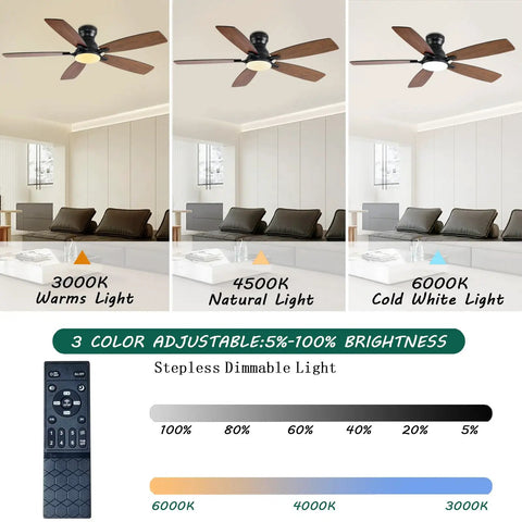 Low Profile 52 Inch Brown Ceiling Fan With Lights Remote And App Control DC Motor Quiet Flush Mount For Bedroom Indoor Outdoor Use Dimmable Lights 6 Speeds Timers showing color temperature options and dimmer levels
