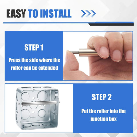 Easy installation steps for heavy duty steel wire pulling roller for 4 inch electrical boxes, showing hand pressing roller and box setup.