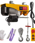 Electric Hoist 1320 Lbs Winch With Remote Control 110V Lift System for Home Garage Shop with accessories displayed