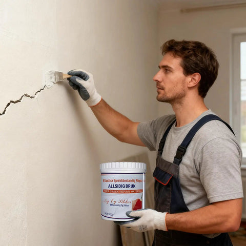 Man applying 500G Dense Filler Wall Repair Paste With Moistureproof Binder And Quick Blend Fiber Reinforced Crack Prevention Formula