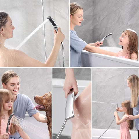 High Pressure Dual Shower Head Kit With Handheld And Rainfall Modes, showing family using handheld spray with chrome finish