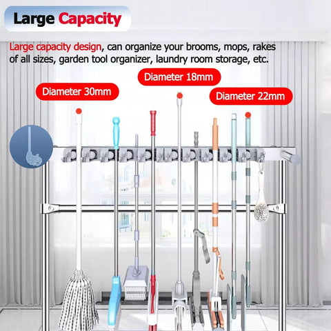 Heavy Duty Stainless Steel Cleaning Supplies Organizer Rack With No Slip Mop Holder Waterproof Wall Mount Storage System shown holding various cleaning tools.