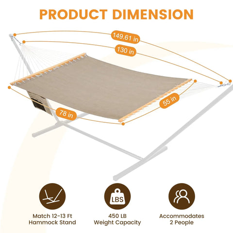 11 Foot Double Outdoor Hammock With Quick Dry Olefin Fabric Spreader Bar And Side Pockets For Poolside Or Backyard Relaxation All Weather Comfort 450 Lb Capacity Khaki with dimensions labeled on a white background.