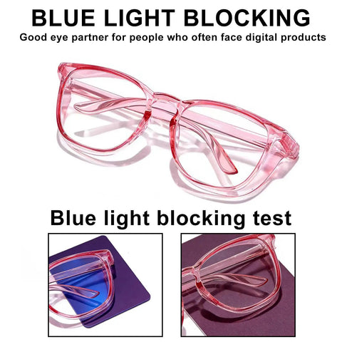 2 Pack Woman Safety Glasses Stand Guard Against Dust And Blue Light With Anti Fog Side Shields Pink Clear Frames on a test background.