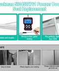 Front banner view of Luckman 5304502761 door seal replacement: white freezer door gasket, testing device, installation panel.