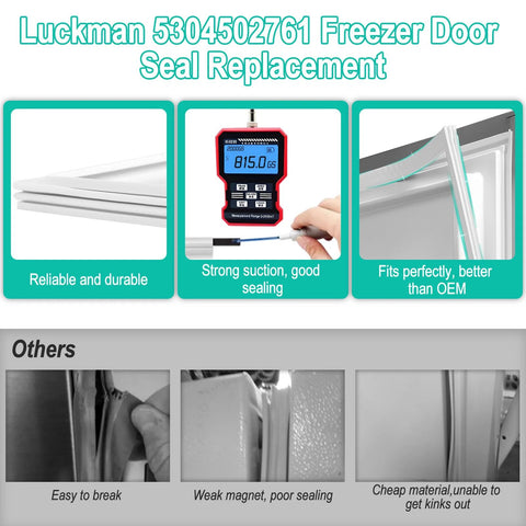 Front banner view of Luckman 5304502761 door seal replacement: white freezer door gasket, testing device, installation panel.