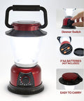 Battery Powered LED Lantern With Variable Power For Camping Dimmable COB LED Light For Hiking Fishing And Emergency Use Red 2 Pack Beast Brightness 360 Degree Light Portable Lantern showing dimmer, battery compartment, and handle