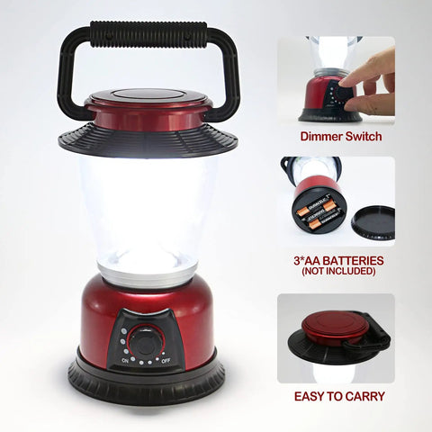 Battery Powered LED Lantern With Variable Power For Camping Dimmable COB LED Light For Hiking Fishing And Emergency Use Red 2 Pack Beast Brightness 360 Degree Light Portable Lantern showing dimmer, battery compartment, and handle