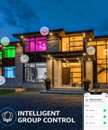Four Inch Smart Recessed Lighting Kit With J Box RGBCW Color Changing LEDs illuminating house exterior with app control display