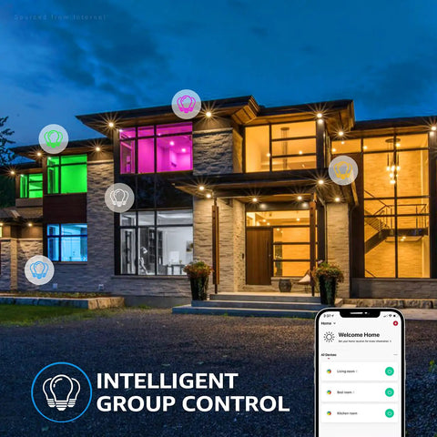 Four Inch Smart Recessed Lighting Kit With J Box RGBCW Color Changing LEDs illuminating house exterior with app control display