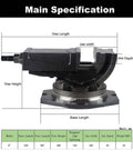 Six Inch Tilt And Swivel Milling Machine Vise Heavy Duty Cast Iron Base with adjustable jaws and specifications chart.