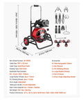 Heavy Duty 75 Foot Auto Feed Drain Cleaner Machine Sewer Snake With Rolling Wheels And Foot Switch, equipped with accessories.