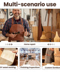 Collage of woodworking tasks including DIY woodwork, finishing inspections, and custom furniture with a craftsman in workshop.