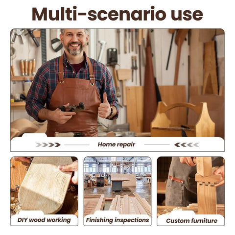 Collage of woodworking tasks including DIY woodwork, finishing inspections, and custom furniture with a craftsman in workshop.