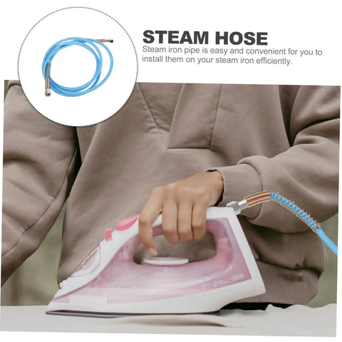Person using steam iron with high temperature steam hose for steam irons, heavy duty high pressure flexible steam tube visible