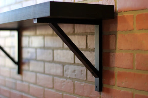 Black Wooden Triangle Wall Mount Brackets For Sconce Lighting And DIY Shelves Set Of 2 12 By 11 By 1.5 Inches supporting a shelf