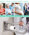23.6 Inch Stainless Toilet Safety Rails With Flip Up Handicap Grab Bar And Paper Holder For Elderly And Disabled Bathroom Shower Hand Rail No Fuss Grip Assist shown with user holding rail.