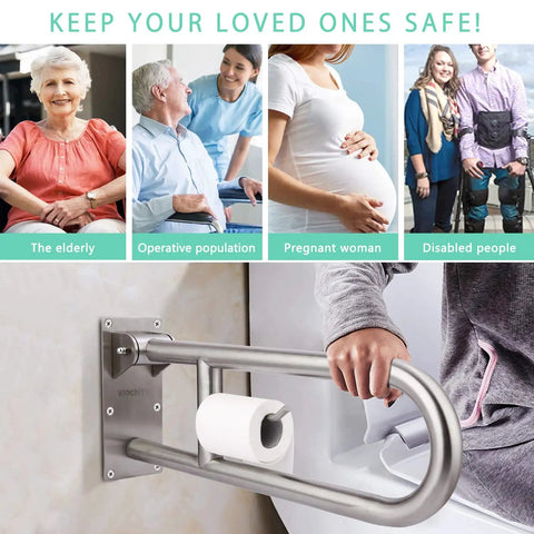 Stainless Steel 29.5 Inch Toilet Safety Rails With Flip Up Grab Bar And Paper Holder, Handicap Bath Handrails For Elderly