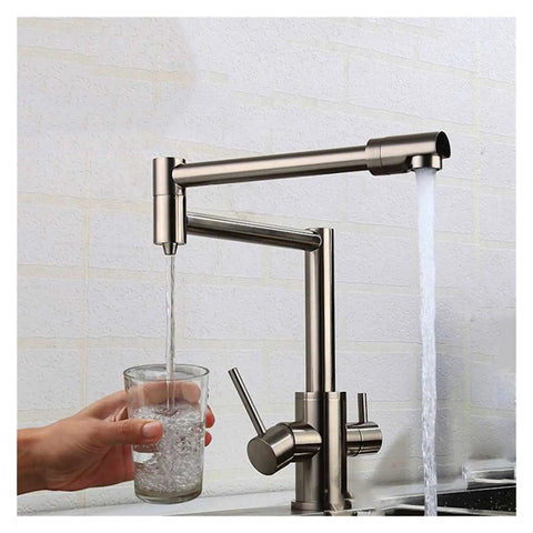 GAZOGJ Faucet, Brass Brushed Kitchen Folding Faucet with Pure Water Cold Hot Kitchen Modern Drinking Water 3 Way Filtered Faucet Mixer,Brushed with Hose-D dispensing clear water into a glass.