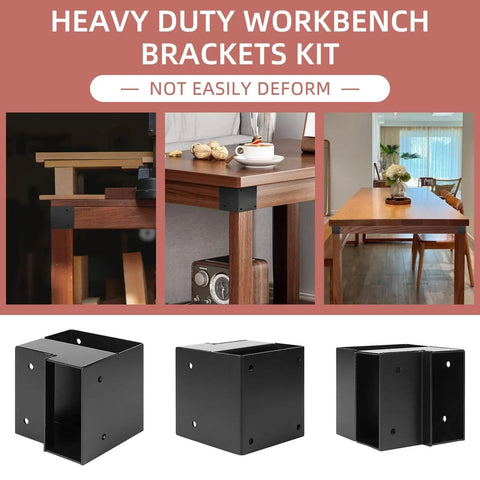 Heavy Duty 3 Way Corner Bracket Kit For Custom Workbench And Shelving, Black Steel, Fits 1.5 By 3.5 Inch 2x4 Lumber, 8 Pieces With 64 Screws