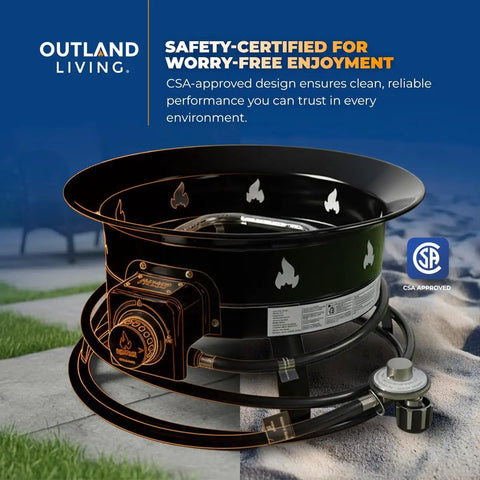 Portable Propane Fire Pit 19 Inch Smokeless Gas Firebowl With Carry Kit And Cover, 58,000 BTU shown on patio, CSA-approved