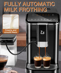 Real Deal Fully Automatic Espresso Machine With Smart Touch Panel Built In Grinder One Touch Milk Frother 1.5L Tank brewing espresso shots.