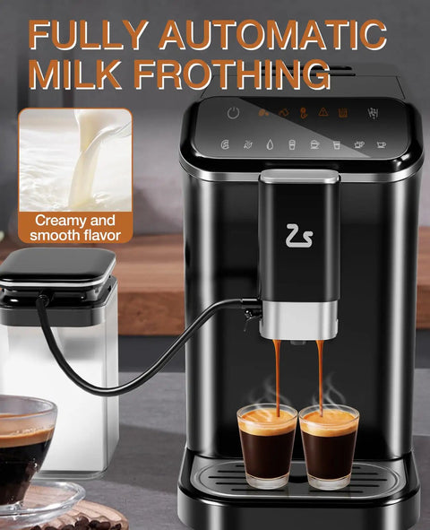 Real Deal Fully Automatic Espresso Machine With Smart Touch Panel Built In Grinder One Touch Milk Frother 1.5L Tank brewing espresso shots.
