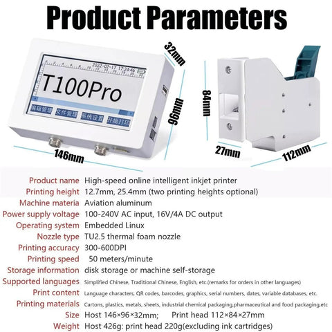 Straight Up Industrial Automatic Coding Machine Label Printer For Assembly Line Barcode QR Code And Date Marking Compact Packaging Automation Tool With No Fuss Setup and Rock Solid Performance, shown with dimensions and features.